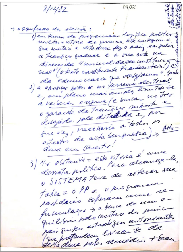 Figura 14 – Primeira página do Manuscrito: O significado das eleições, 8 dez. 1982. Colesp-UFSCar – Fundo  Florestan Fernandes