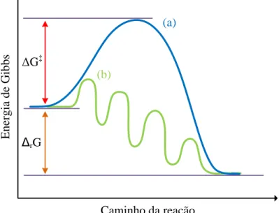 Figura 1: Comparação entre o perfil energético de uma reação não catalisada (a) e o perfil de  uma reação catalisada (b)