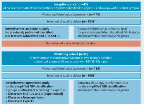 Fig. e1 Two studies were planned: 1) a consecu- consecu-tive sample of 45 patients (yielding an estimated sample of 100 videos), observed across two tertiary hospitals between September and December 2009, constituted the “derivation cohort,” which provided