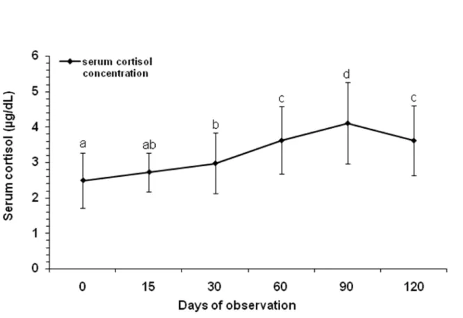 Figure 1. Mean serum cortisol levels (± SD) in cattle throughout repeated handling  procedures