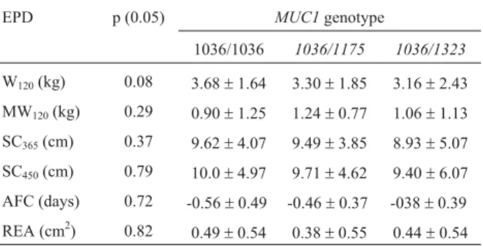 Table 2 - Least square means and standard deviation of growth, fertility and carcass expected progeny differences (EPD) obtained for the three most frequent genotypes of the MUC1 gene, and the respective p values obtained by analysis of variance.
