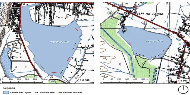 Figura 21 - Localização das redes de emalhar (linhas a tracejado preto e branco) e das redes de mão  (linhas a vermelho) nas lagoas da Barrinha de Mira e Mira