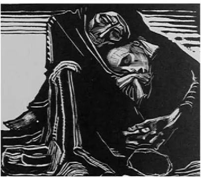 Fig. 14. Käthe Kollwitz. Morte com mulher no colo. Xilogravura, 33,2 x 46 cm, 1921. 