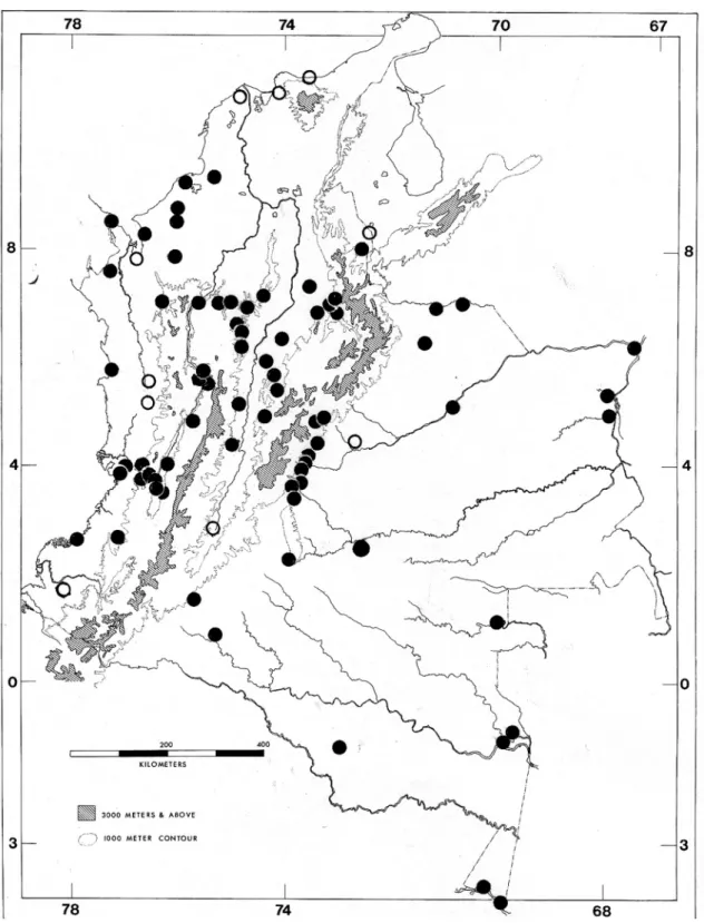 FIGURE 7: Distribution of Oxyrhopus petola in Colombia. Open symbols represent literature records from Niceforo María (1942) and  Perez Santos &amp; Moreno (1988).