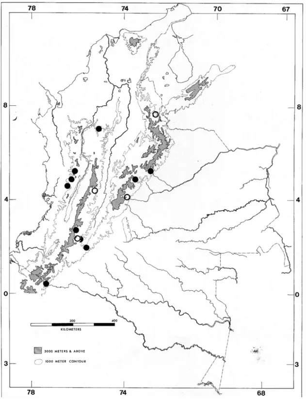 FIGURE 5: Distribution of Oxyrhopus leucomelas in Colombia. Open symbols represent literature records from Campbell &amp; Lamar (1989,  2004), Downs (1961), and Perez Santos &amp; Moreno (1988).