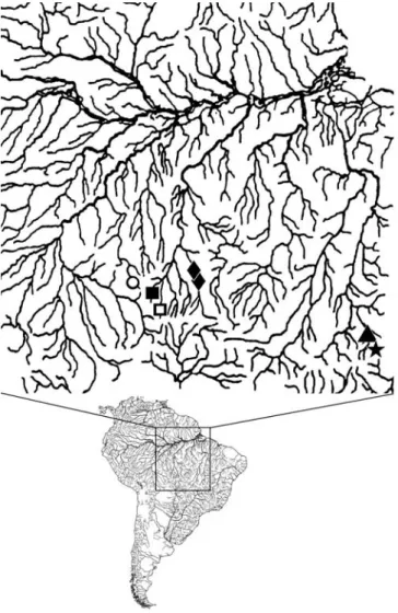 Fig. 1. Collecting localities of Ancistrus verecundus (circle) from the upper rio Madeira, Ancistrus parecis (squares) and Ancistrus tombador (diamond) from the upper rio Tapajós, and Ancistrus jataiensis (triangle) and Ancistrus reisi (star), from the upp