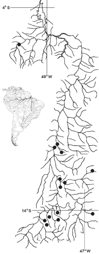 Fig. 1. Rio Tocantins drainage showing the collection locali- locali-ties of Astyanax elachylepis