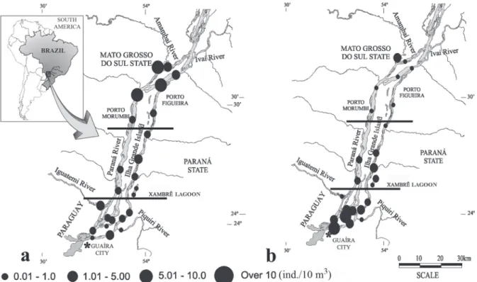 Fig. 4. Average abundance of fish eggs (a) and larvae (b) in the Ilha Grande National Park, from October 2001 to March 2005.