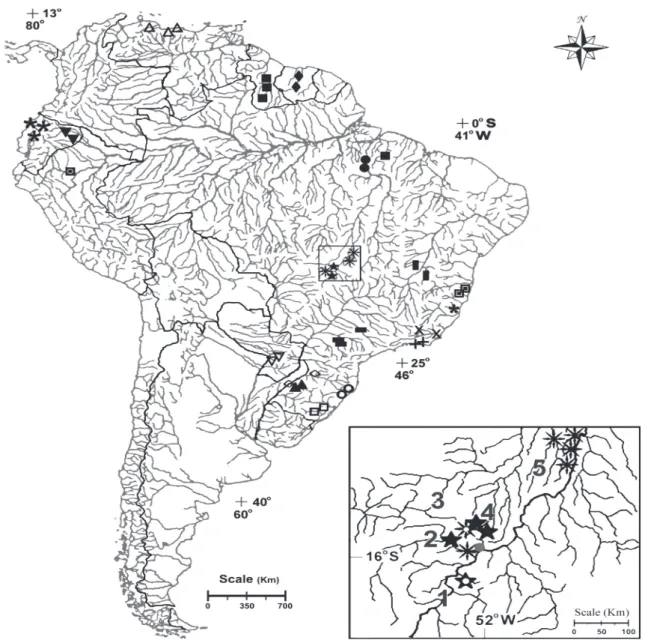 Fig. 4. Map of South America showing the distribution of species of Microglanis, with the exception of M