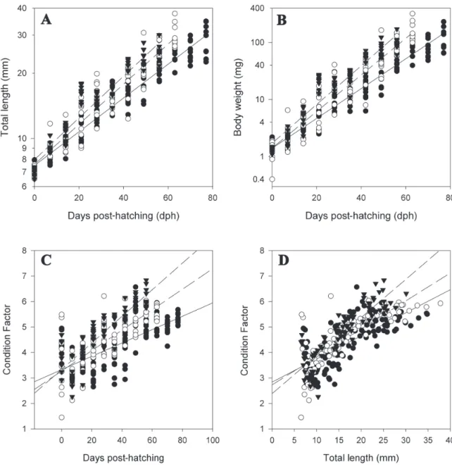 Fig. 3. Total length (A), body weight (B), both in logarithmic scale, and Condition Factor (C) in relation to days post hatching (dph) and water temperature