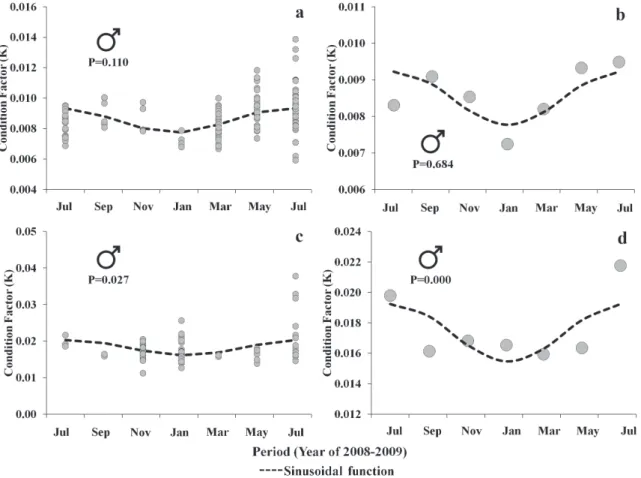 Fig. 5. Bimonthly variation in the raw data (a,c) and mean values (b, d) for the condition factor (K) in juvenile (a, b) and adult (c, d)  male of the Auchenipterichthys longimanus collected from July 2008 to July 2009 in the Caxiuanã National Forest.