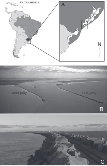 Fig. 1. A) Patos Lagoon (10.360 km 2 ) in southern Brazil and B) the 4.5 km long pair of rocky jetties that connect the estuarine zone of Patos Lagoon to the Atlantic Ocean