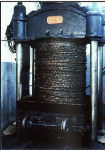 Figura 1.6. – Fotografia de prensa hidráulica utilizada nos lagares tradicionais para espremer a  polpa das azeitonas e extrair o azeite.