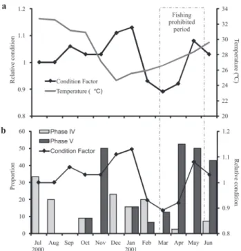 Fig. 6. (a) Relationship between relative condition index and surface temperature; (b) Relationship of condition index and percentage of Sinaloa cichlid Cichlasoma beani females in Stages IV and V of the maturity scale of Nikolsky (1963) in the Aguamilpa R