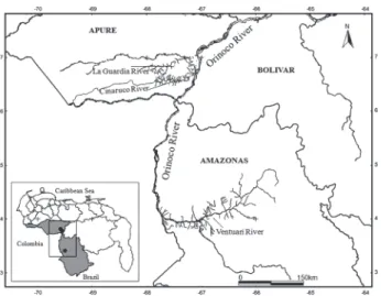 Fig. 1. Map of Venezuela showing the locations of the three tributaries of the Orinoco River considered in this study: La Guardia, Cinaruco, and Ventuari Rivers.