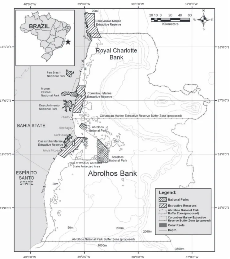 Fig. 1. Abrolhos Bank, Northeastern Brazil, showing the marine protected areas.