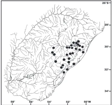 Fig. 17. Drainage map of laguna dos Patos system and rio Uruguay basin showing distribution of Hisonotus laevior.