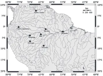 Fig. 1. Sampling localities in the Amazon and Orinoco basins of O. bicirrhossum and O