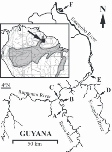 Fig. 1. Map of collecting localities for stable isotope samples from the Essequibo River basin of southwestern Guyana