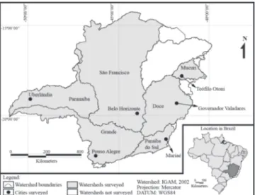 Fig. 1. Cities and watersheds within the Minas Gerais State, Brazil, where the 39 ornamental fish stores were visited.