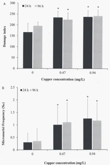 Table 1. Frequency (%) of classes of DNA damage in erythrocytes of the Centropomus paralellus exposed to Cu (0.47 and 0.94 mg/L) for 24 and 96 h