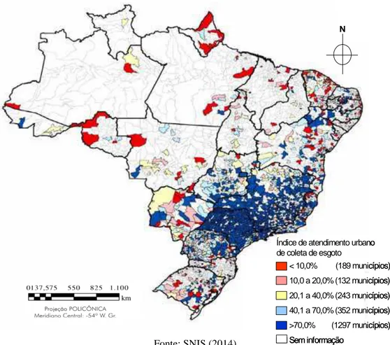 Figura 2 – Representação espacial do índice de atendimento urbano por rede coletora de esgotos dos  municípios brasileiros cujos prestadores de serviços participaram do Sistema Nacional de Informações 