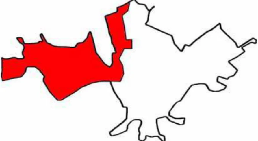 Figura 6 – Zona oeste do município de Guaratinguetá (SP), destacada em vermelho, constituída pelos  bairros beneficiados com a construção da ETE Pedregulho: Piagui, São Dimas, São Manoel, Aeroporto, 