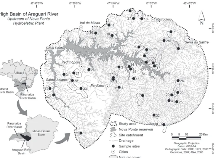 Fig. 1. Locations of the 38 randomly selected sites sampled in the Upper Araguari River basin, State of Minas Gerais,  Brazil.