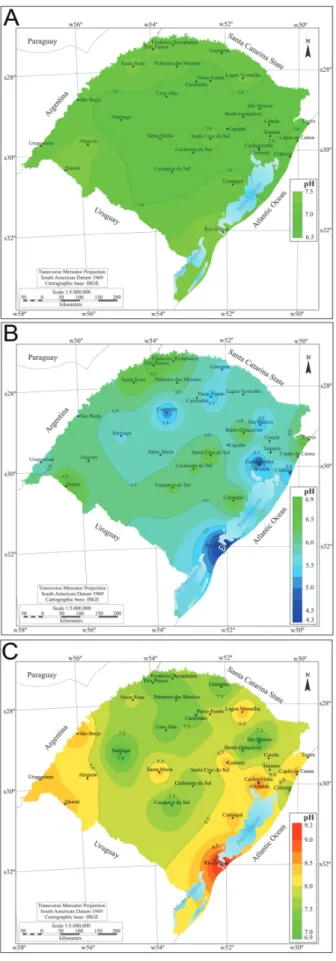 Fig. 2. Water hardness in different cities of Rio Grande do  Sul in the period of 1996 to 2011 (A) mean, (B) minimum  and (C) maximum values (Source CORSAN/RS).