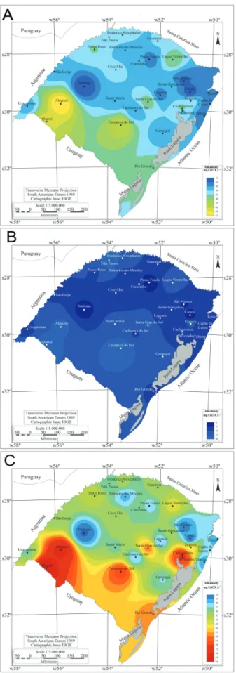 Fig. 4. Water turbidity in different cities of Rio Grande do  Sul in the period of 1996 to 2011 (A) mean, (B) minimum  and (C) maximum values (Source CORSAN/RS).