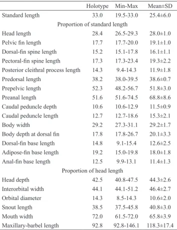 Table 1.  Morphometrics of  Microglanis leniceae from the  upper rio Paraguay (n=6). Minimum and maximum  (Min-Max) include the data of holotype