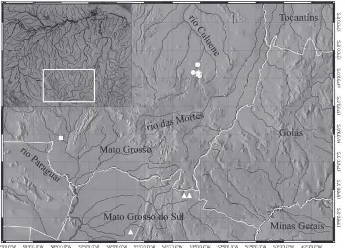 Fig.  4.  Distribution of Farlowella gianetii in the upper rio Xingu basin and Farlowella jauruensis in the upper rio  Paraguai basin