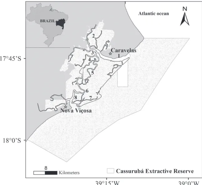 Fig. 1.  Location of Cassurubá Extractive Reserve, Abrolhos Bank, eastern Brazil. Numbers represent fishing villages where  fishers were interviewed
