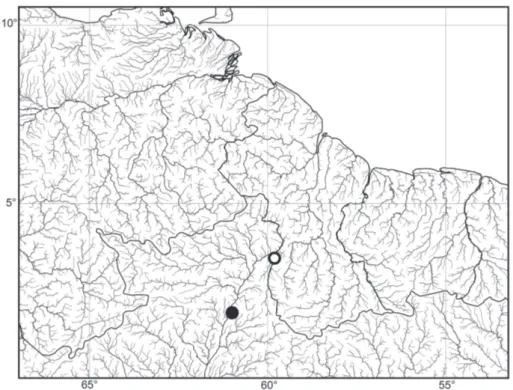 Fig. 3. Map of northern South America showing localities of Panaqolus claustellifer. Holotype and paratype specimens  from Takutu river indicated by open circle (CSBD F1702/AUM 44721, AUM 47717, AUM 65708), paratype from mainstem  rio Branco indicated by c