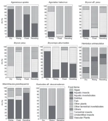Fig. 3. Diet composition of the most representative species  during the different hydrometric periods in the mid-course  of the Teles Pires River.