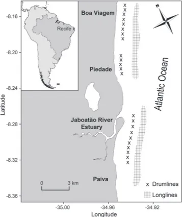 Fig. 1. Map of the study area with the locations of Recife  in  South  America,  and  fishing  sites,  i.e