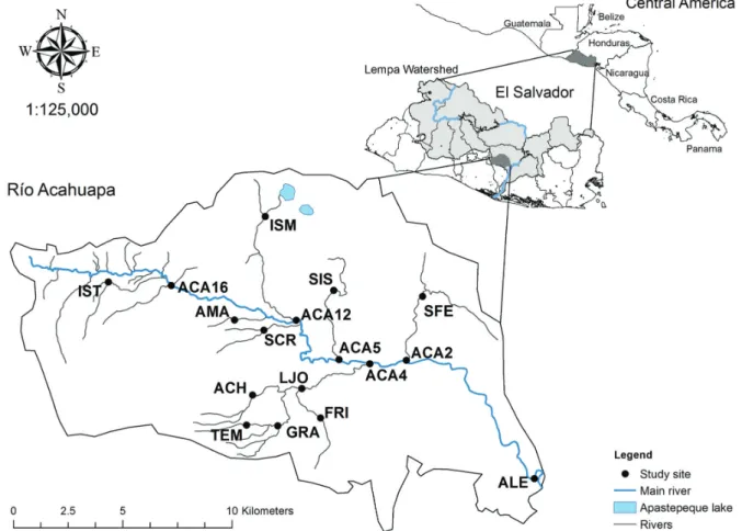 Fig. 1. Sampling sites in the basin of the Río Acahuapa, San Vicente, El Salvador, 2011-2012
