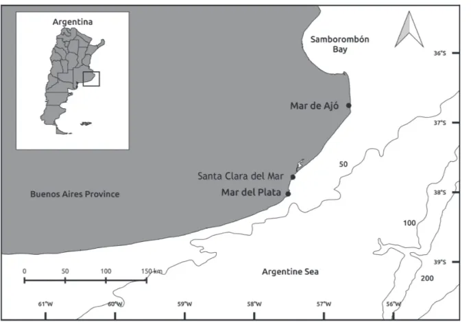 Fig. 1. Map of the study area. Continuous lines are isobaths (in meters). The inset shows the location of the study area in Argentina.