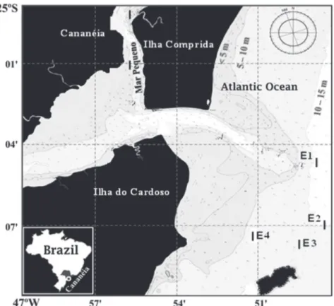 Figure 1.  Cananéia region, São Paulo, Brazil, showing sampling stations of Xiphopenaeus kroyeri (Heller, 1862) on the coastal  marine area (E1, E2, E3, and E4).