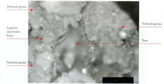 Figura 2.2 - Fotografia com microscópia binocular de um solo residual do granito, onde é possível  observar a sua estrutura cimentada (Fernandes, 2006; adaptado de Fonseca, 1988) 