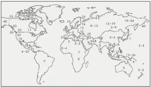 Figura  9:  Frequência  aproximada  do  HLA-B27  em  todo  mundo  (Adaptado  de  Mathieu et al