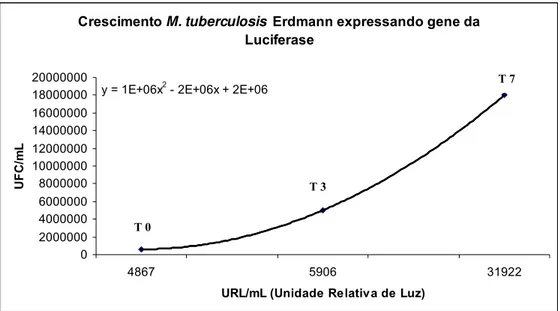 Figura 5.  -  Cinética da multiplicação do M. tuberculosis Erdmann extra celular,  no período de incubação de 7 dias correlacionando as UFC/mL com a Unidade  Relativa de Luz/mL (URL/mL) .