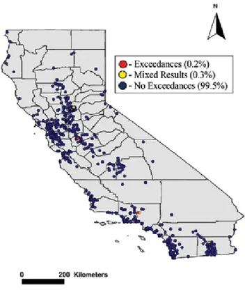 Figure 5. California bifenthrin sediment monitoring sites from 2001 to 2017 that exceeded the 1% TOC normalized (6.1 ng/g) H