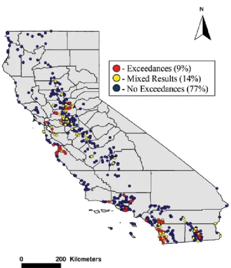 Figure 14. California bifenthrin water column monitoring sites from 2001 to 2017 that exceeded the 2015 0.01 ng/L regional board chronic criterion (red dots), did not exceed the chronic value (blue dots) and mixed results of exceeding and not exceeding the