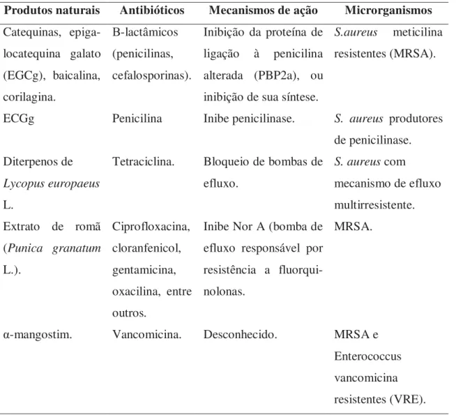 Tabela 2. Algumas associações efetivas entre produtos naturais e antibióticos. 