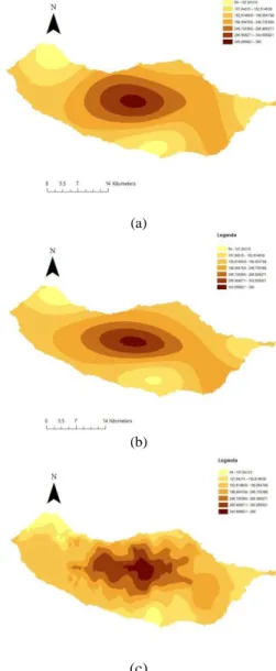 Figure 4.   Interpolation of the averaged CWD index using: (a) OK and the  semivariogram model CWD-1; (b) OCK and the semivariogram model 