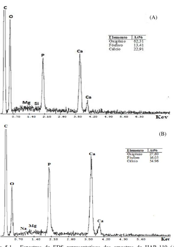 Figura  5.1  -  Espectros  de  EDS  representativos  das  amostras  de  HAP_110  (A)  e  HAP_900 (B), com picos dos principais constituintes, Ca, P