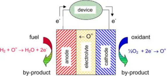 Figure 1.1 Schematic of a fuel cell comprised of an electrolyte, anode and a cathode [11] 