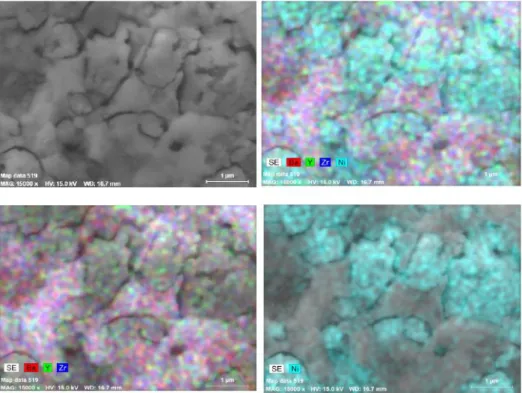 Figure 3.7. SEM-EDS elemental analysis of 40 vol% Ni-BZY anode pellets formed by the novel  acetate combustion route
