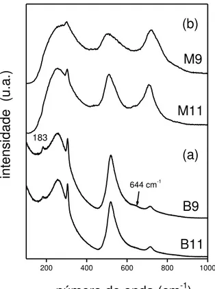 FIG. 18.   Espectros  Raman  de  amostras  calcinadas  a  900 e  1100 ºC   (a) BaTiO 3   (b) mistura de precursores (região clara) 
